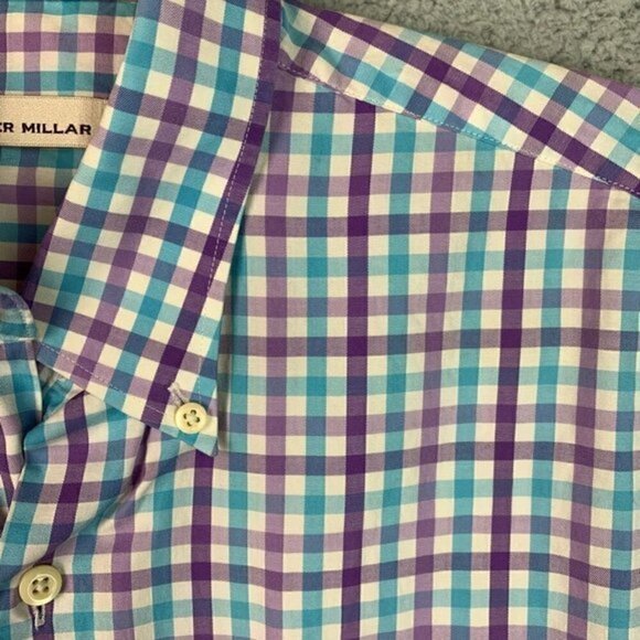 Peter Millar Mens Button Down Shirt Blue White Gingham Short Sleeve Pocket L - Picture 6 of 10